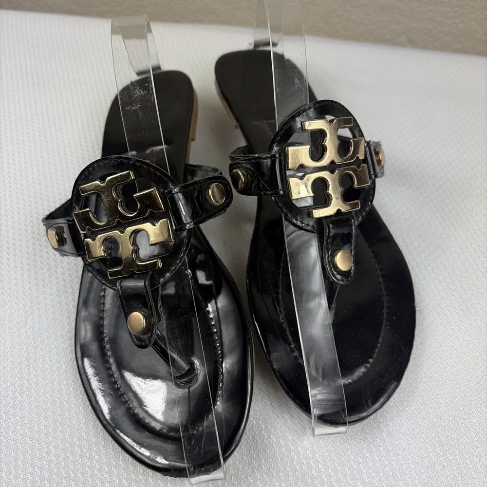 TORY BURCH MILLER SANDAL FLIP FLOP PATENT LEATHER BLACK SIZE 38 Gold T Medal